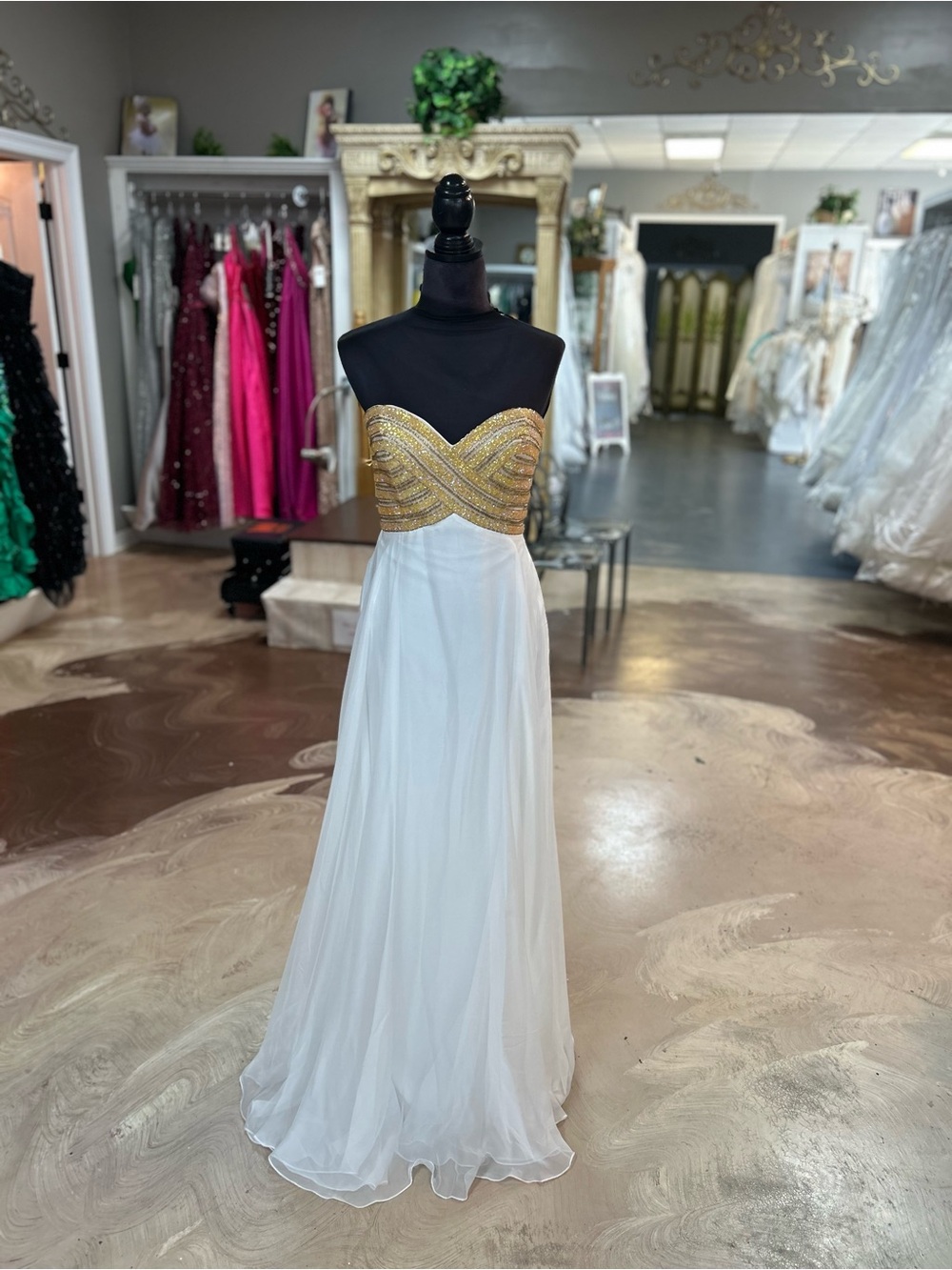 madison james Gold Beaded Strapless White Chiffon Gown
